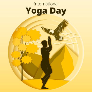 Uluslararası Yoga Günü. Kare şablon. Garudasana pozu. Kartal pozisyonu. Kağıt kesiği tasarımı. İzole vektör illüstrasyonu