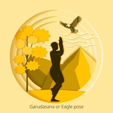 Uluslararası Yoga Günü. Garudasana pozu. Kartal pozisyonu. Kağıt kesiği tasarımı. İzole vektör illüstrasyonu.