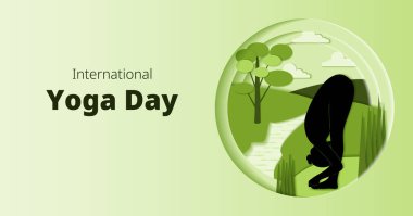Uluslararası Yoga Günü. Yatay şablon. Padangushthasana pozu. Koca Ayak pozu. Kağıt kesiği tasarımı. İzole vektör illüstrasyonu.