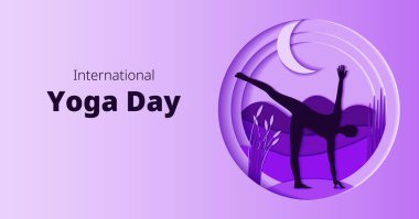 Uluslararası Yoga Günü. Yatay şablon. Ardha Chandrasana pozu. Yarım Ay pozu. Kağıt kesiği tasarımı. İzole vektör illüstrasyonu.