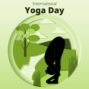 Uluslararası Yoga Günü. Kare şablon. Padangushthasana pozu. Koca Ayak pozu. Kağıt kesiği tasarımı. İzole vektör illüstrasyonu