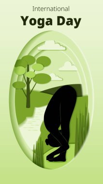 Uluslararası Yoga Günü. Dikey şablon. Padangushthasana pozu. Koca Ayak pozu. Kağıt kesiği tasarımı. İzole vektör illüstrasyonu