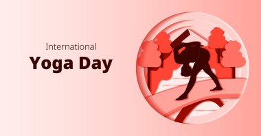Uluslararası Yoga Günü. Yatay şablon. Parshvottanasana pozu. Piramit pozu. Kağıt kesiği tasarımı. İzole vektör illüstrasyonu.