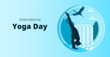 Uluslararası Yoga Günü. Yatay şablon. Urdhva Prasarita Eka Padasana pozu. Ayakta Ayrılma pozu. Kağıt kesiği tasarımı. İzole vektör illüstrasyonu.