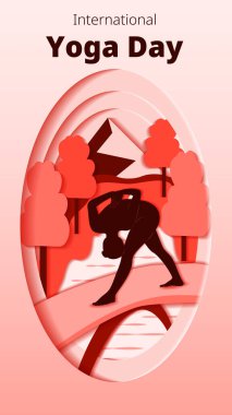 Uluslararası Yoga Günü. Dikey şablon. Parshvottanasana pozu. Piramit pozu. Kağıt kesiği tasarımı. İzole vektör illüstrasyonu