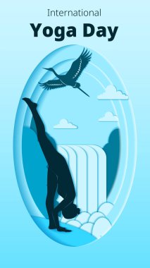 Uluslararası Yoga Günü. Dikey şablon. Urdhva Prasarita Eka Padasana pozu. Ayakta Ayrılma pozu. Kağıt kesiği tasarımı. İzole vektör illüstrasyonu