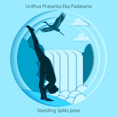 Uluslararası Yoga Günü. Urdhva Prasarita Eka Padasana pozu. Ayakta Ayrılma pozu. Kağıt kesiği tasarımı. İzole vektör illüstrasyonu.