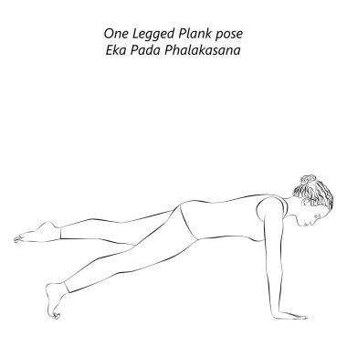 Eka Pada Phalakasana yoga pozu veren genç bir kadının çizimi. Bir Ayaklı Plank yoga pozu. Orta halli zorluk. İzole vektör illüstrasyonu.