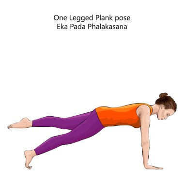 Eka Pada Phalakasana yoga pozu veren genç bir kadın. Bir Ayaklı Plank yoga pozu. Orta halli zorluk. İzole vektör illüstrasyonu.