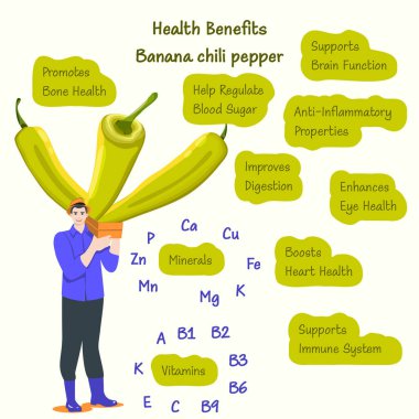 Sağlık sigortası ve muzlu kırmızı biber ya da sarı balmumu biber. Bir sandık biber tutan çiftçi. İzole vektör illüstrasyonu.