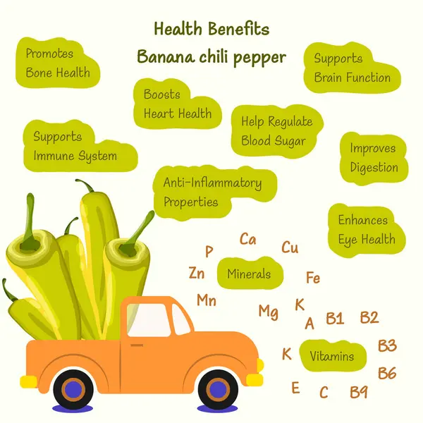 Sağlık sigortası ve muzlu kırmızı biber ya da sarı balmumu biber. Biber yüklü bir hasat kamyonu. İzole vektör illüstrasyonu.