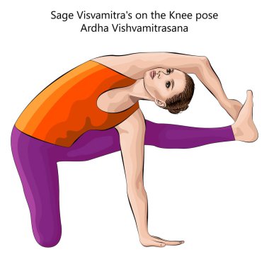 Ardha Vishvamitrasana yoga pozu veren genç bir kadın. Diz yogası pozunda Sage Visvamitra. Orta halli zorluk. İzole vektör illüstrasyonu.