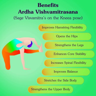 Ardha Vishvamitrasana yoga pozu çalışmanın faydaları. Diz yogası pozunda Sage Visvamitra. İzole vektör illüstrasyonu