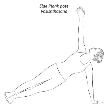 Vasishthasana yoga pozu veren genç bir kadının çizimi. Yan Plank yoga pozu. İzole vektör illüstrasyonu.