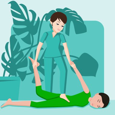 Shiatsu masajı. SPA 'da profesyonel terapist tarafından tedavi ve terapi. İzole edilmiş düz vektör çizimi. Avrupa ve Asya etnik kökeni.