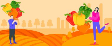 İnsanlar tatlı dolmalık biber hasat sezonu düzenliyor. Yatay pankart. İzole vektör illüstrasyonu.