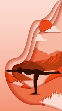 Dikey şablon. Parivritta Baddha Utkatasana yoga pozu. Zincirli Sandalye pozu. Kağıt kesiği tasarımı. İzole vektör illüstrasyonu