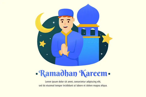 Une Affiche Pour Ramadan Kareem Avec Homme Devant Une Mosquée — Image vectorielle