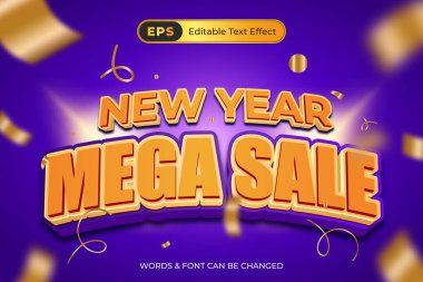 Yeni yıl mega satışı için mor arka planlı bir poster gösterilir.