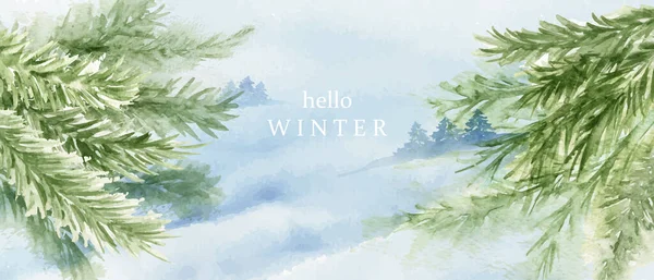 Zimní Dovolená Pozadí Modré Akvarely Zelené Rostliny Jedle Smrk Sněžné — Stockový vektor