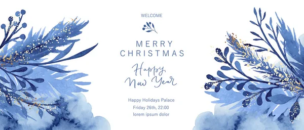 Winterurlaub Hintergrund Blaue Aquarellwäsche Pflanzen Blätter Schneeflocken Grußkarte Einladung Flyer — Stockvektor