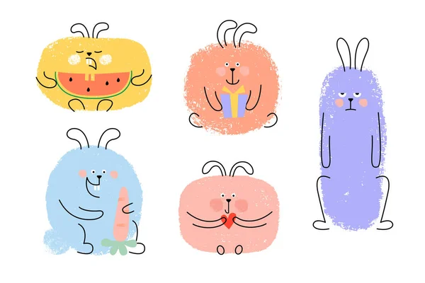 Set Cute Cartoon Hairs Rabbits Hand Drawn Textured Funny Characters — Stock Vector