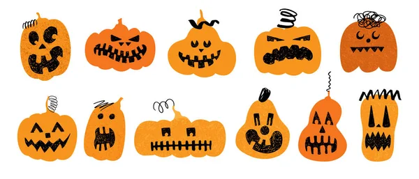Ensemble Citrouilles Halloween Drôles Flippantes Visages Maléfiques Émotions Personnages — Image vectorielle