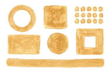 Altın fırça darbeleri, çizgiler, şekiller, daireler, kareler. El boyaması sanat tasarımı elementleri, dokular.