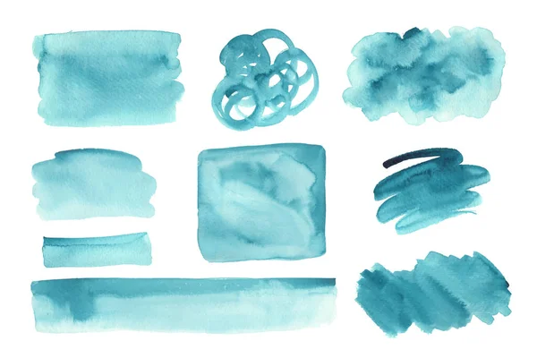 Conjunto Lavados Acuarela Azul Fondos Abstractos Pinceladas Texturas Elementos Decorativos — Vector de stock