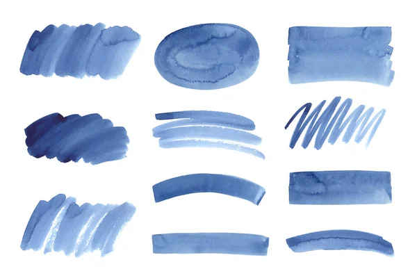青の水彩ワッシュ 抽象的な背景 ブラシストローク テクスチャのセット 装飾的なデザイン要素 テキストのフレーム 白に隔離された — ストックベクタ