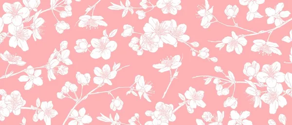 手描きの白い桜の花の壁紙 ピンクの背景の葉 — ストックベクタ