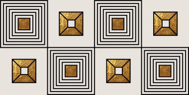 Bej, gri, beyaz, siyah renklerde soyut minimalist kompozisyon. Altın geometrik şekiller, kare tasarımlar. Art deco denge kompozisyonu. Kusursuz fayans tasarımı.