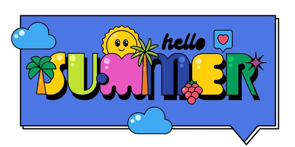 Hello Summer Message Stiker Banner Красочный Милый Ретро Стиль Мультфильм — стоковый вектор