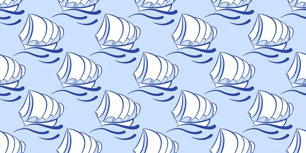 无缝图案与游艇 白色和蓝色夏季印花面料 海洋风格 简单的船 度假模式 — 图库矢量图片