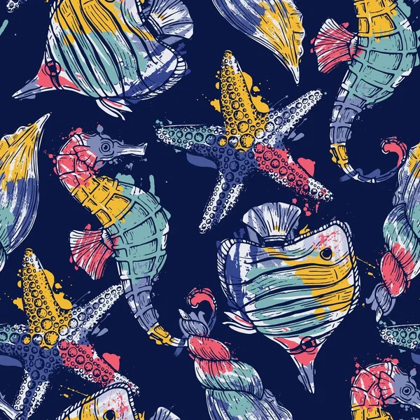 海のスタイルシームレスなパターン 水中生物 ヒトデ シーホース サンゴ 海兵隊 海軍の無限の壁紙 カラフルなブラシストロークスクリブル抽象的なフォーム — ストックベクタ