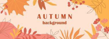 Soyut sonbahar düz stil sanatı. Parlak sıcak renkler, yapraklar, çiçekler.