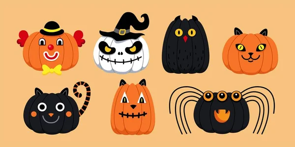 Halloween Cute Pumpkins Faces Cats Skull Spider Clown Owl Faces — Stock Vector