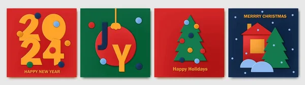 Ensemble Noël Nouvel Cartes Vœux Des Fêtes Papier Art Géométrique Vecteurs De Stock Libres De Droits