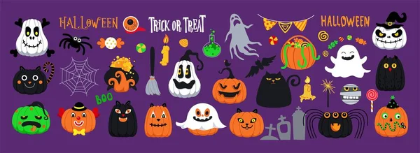 Halloween Spøkelser Gresskar Med Ansikter Bokstaver Katter Hodeskalle Edderkopp Klovn royaltyfrie gratis stockillustrasjoner