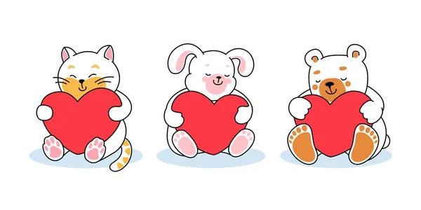 심장을 귀여운 동물의 고양이 심장을 포옹하는 간단한 스타일 인쇄에 로열티 프리 스톡 일러스트레이션