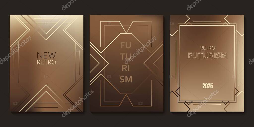 Set of chic elegant cards in brown, beige, yellow shades. Golden, copper lines, waves. Geometric pattern. Cover, packaging, business template. Frame for branding, logo, invitation Gradient mesh