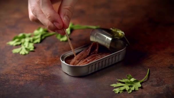 Hand Toothpick Picking Canned Anchovies Dark Blue Table Parsley Ready — Vídeo de stock