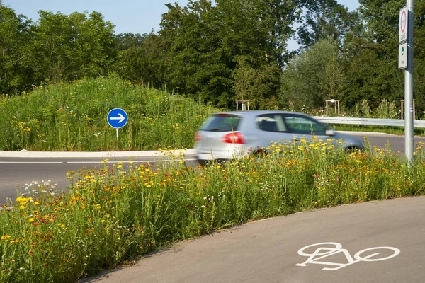 Wildflowers at the traffic circle. Round traffic island with blue road sign. Gray Bike path in the foreground. Intersection on german road. 1 Car motion blurred. Germany.
