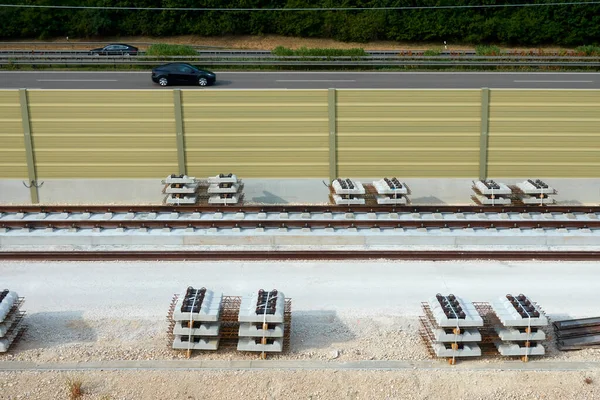 Colocación Nuevas Vías Férreas Materiales Construcción Acero Traviesas Línea Tren — Foto de Stock