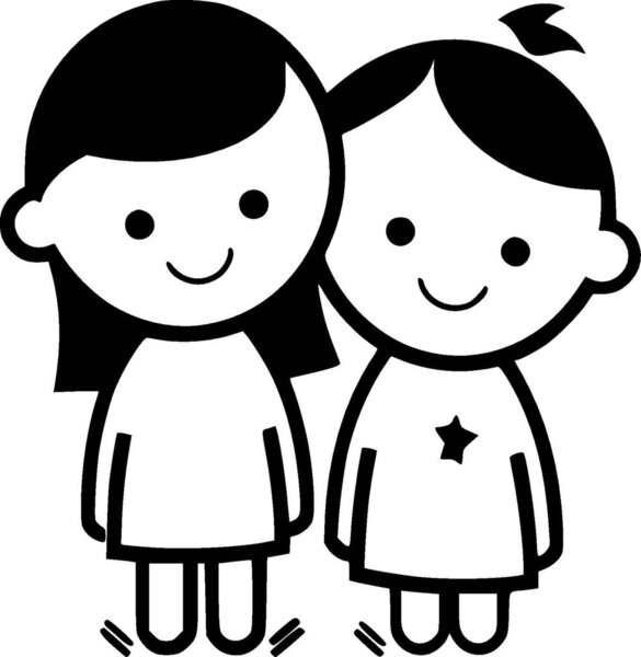 Children - black and white vector illustration