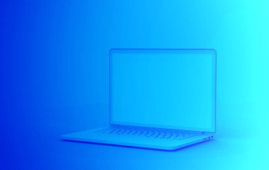 Mavi arkaplanda dizüstü bilgisayar mavisi renk. Minimum nesne bilgisayar modeli iş teknolojisi konsepti. 3B görüntüleme.