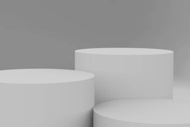 3d gri beyaz silindir podyum minimum stüdyo arkaplanı. Soyut 3d geometrik şekil çizimi çizimi.