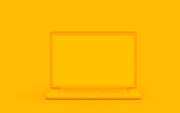 黄色の背景にノートパソコンの黄色の色 最小オブジェクトコンピュータのモックアップビジネスオンラインコンセプト 3Dレンダリング — ストック写真