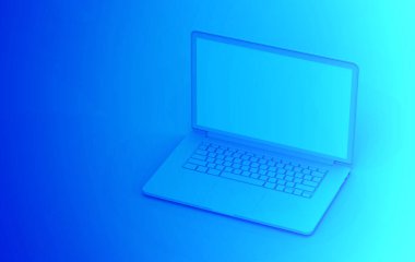 Mavi arkaplanda dizüstü bilgisayar mavisi renk. Minimum nesne bilgisayar modeli iş teknolojisi konsepti. 3B görüntüleme