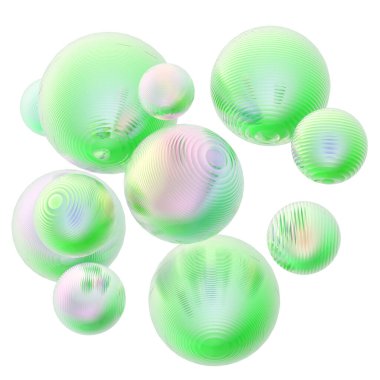 3D çelik toplar yeşil pastel renkler izole edilmiş modern arkaplan. Soyut yuvarlak geometrik şekil çizimi çizimi.